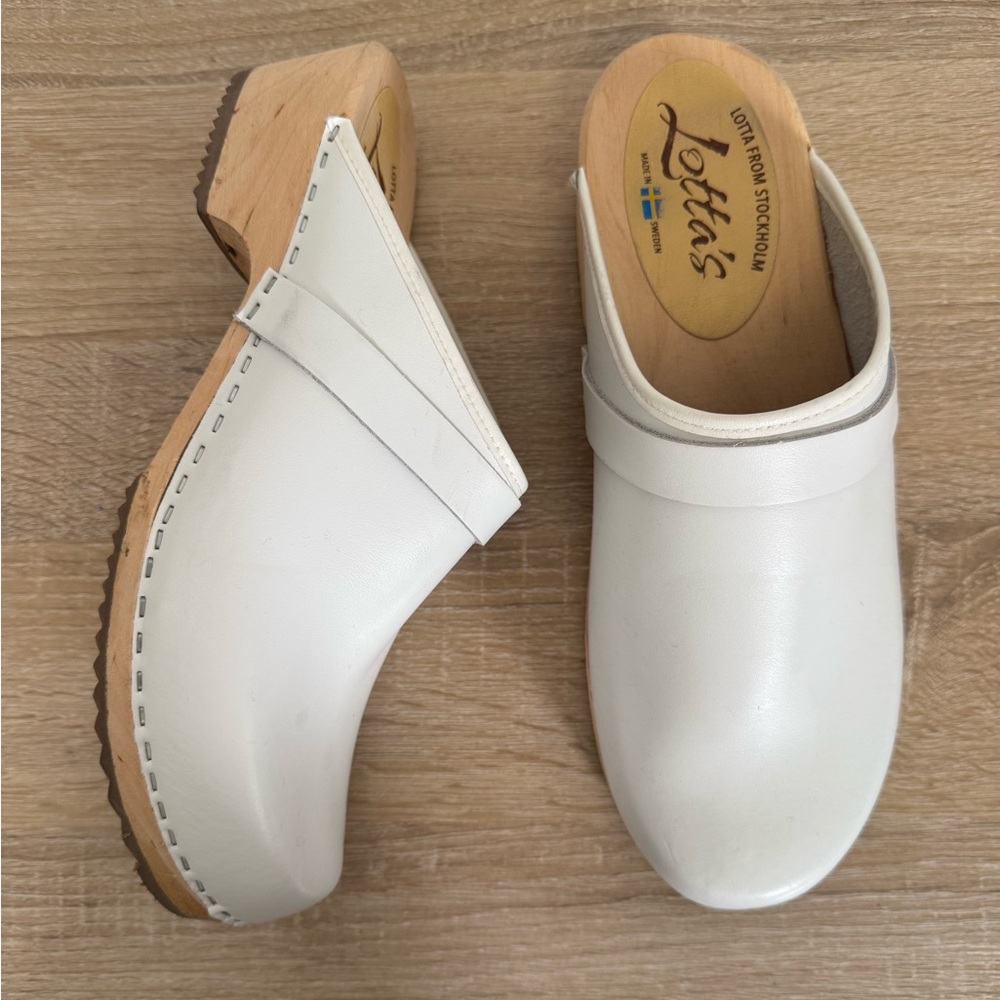 Lotta‎ From Stockholm Classic clogs white Leather And Wood Clogs Women’s Sz 11